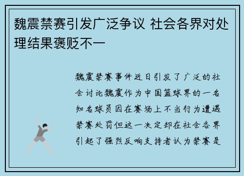 魏震禁赛引发广泛争议 社会各界对处理结果褒贬不一