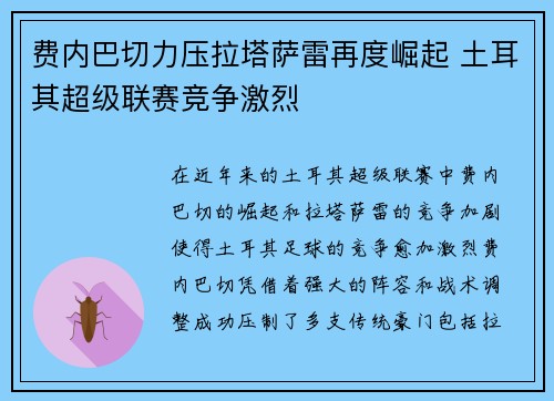 费内巴切力压拉塔萨雷再度崛起 土耳其超级联赛竞争激烈